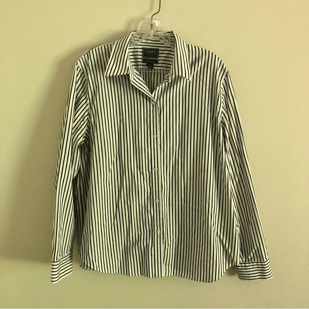 Vintage Y2K Chaps Black and White Striped No Iron Button Down Shirt
